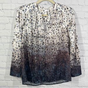 Ecru Bloomingdales Blouse Women Small 100% Silk Y Neck Animal Print Button Top
